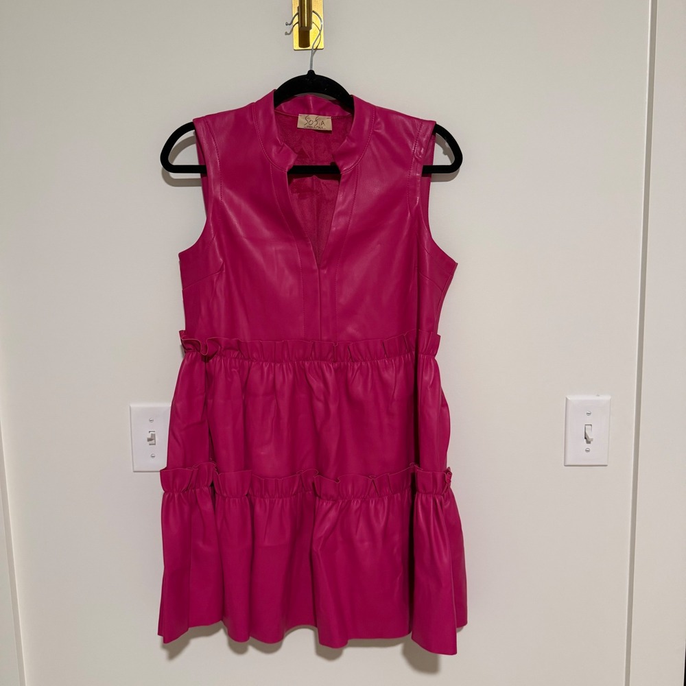 Sofia Made in Italy Hot Pink Vegan Leather Tiered Ruffle Mini Dress DC17545 TU‎